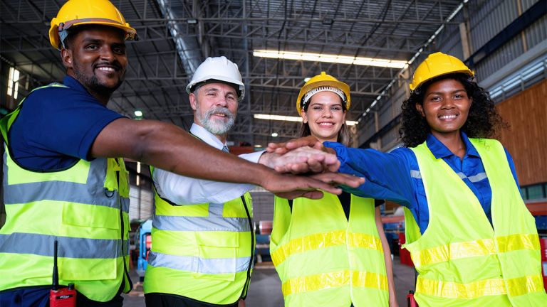 Trabalhadores com equipamentos de segurança em uma fábrica unindo as mãos juntos pelos seus direitos trabalhistas