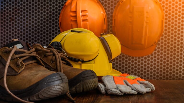 Equipamentos de Proteção Individual (EPIs) incluindo capacetes, botas de segurança e luvas representando normas de segurança e saúde ocupacional obrigatórias para proteção dos trabalhadores conforme NRs e CLT